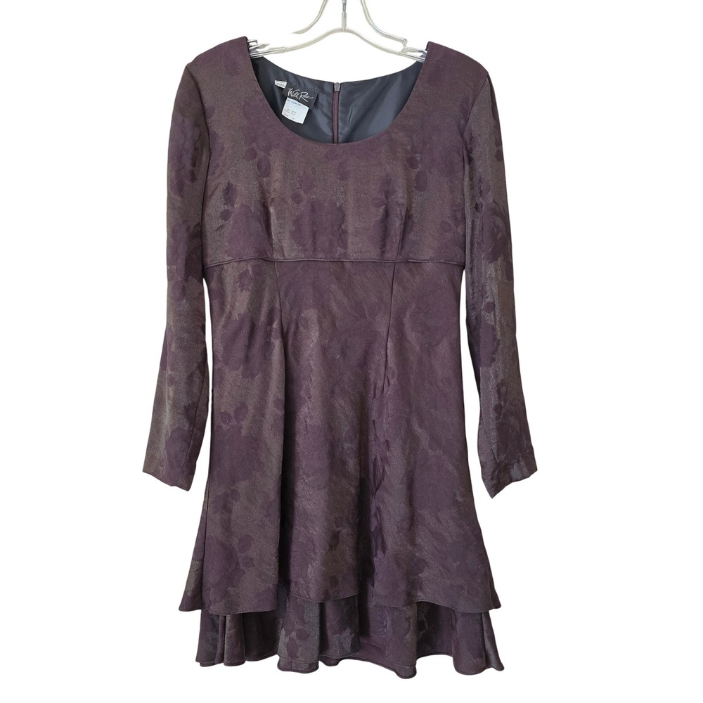 Wild Rose Vintage Floral Jacquard Empire Waist‎ Tiered Mini Dress Brown Size 8